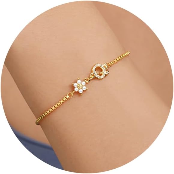 Bridesmaid Gifts for Wedding Day, Flower Girl Gift Initial Bracelets for Women Dainty Gold Bracelet for Women with Pearl Flower Gifts for Teen Girls Initial Bracelet for Bridesmaid