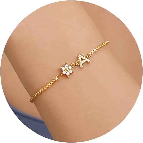 Bridesmaid Gifts for Wedding Day, Flower Girl Gift Initial Bracelets for Women Dainty Gold Bracelet for Women with Pearl Flower Gifts for Teen Girls Initial Bracelet for Bridesmaid