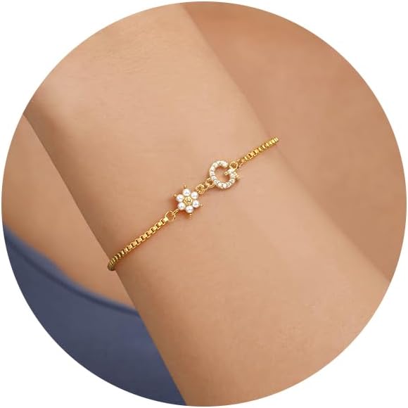 Bridesmaid Gifts for Wedding Day, Flower Girl Gift Initial Bracelets for Women Dainty Gold Bracelet for Women with Pearl Flower Gifts for Teen Girls Initial Bracelet for Bridesmaid