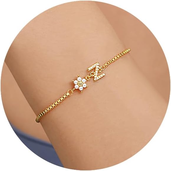 Bridesmaid Gifts for Wedding Day, Flower Girl Gift Initial Bracelets for Women Dainty Gold Bracelet for Women with Pearl Flower Gifts for Teen Girls Initial Bracelet for Bridesmaid