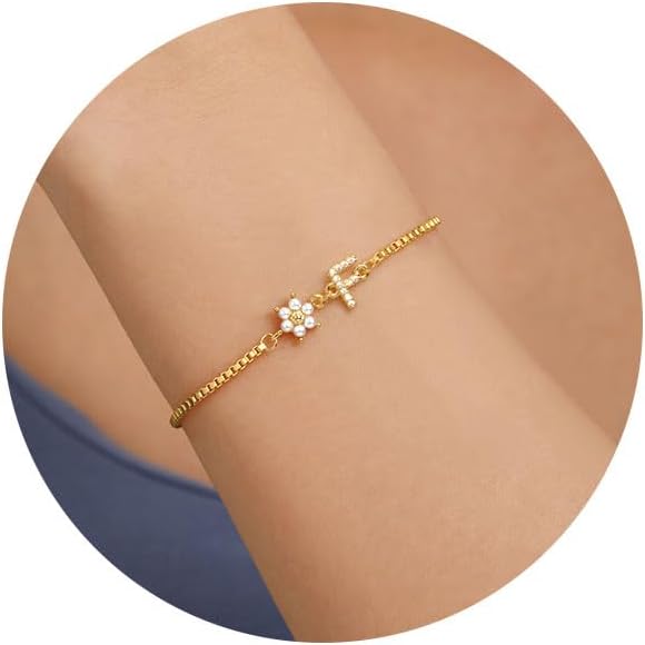 Bridesmaid Gifts for Wedding Day, Flower Girl Gift Initial Bracelets for Women Dainty Gold Bracelet for Women with Pearl Flower Gifts for Teen Girls Initial Bracelet for Bridesmaid