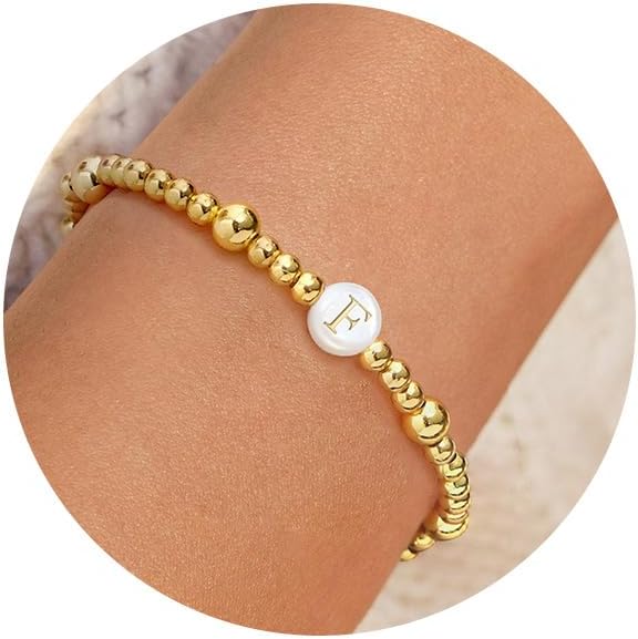 Gold Beaded Bracelets for Women Teen Girl Gifts 14K Gold Plated Initial Bracelet Letter A-Z Bead Gold Ball Bracelet Mothers Day Gifts Birthday Anniversary Friendship Jewelry Gift for Her