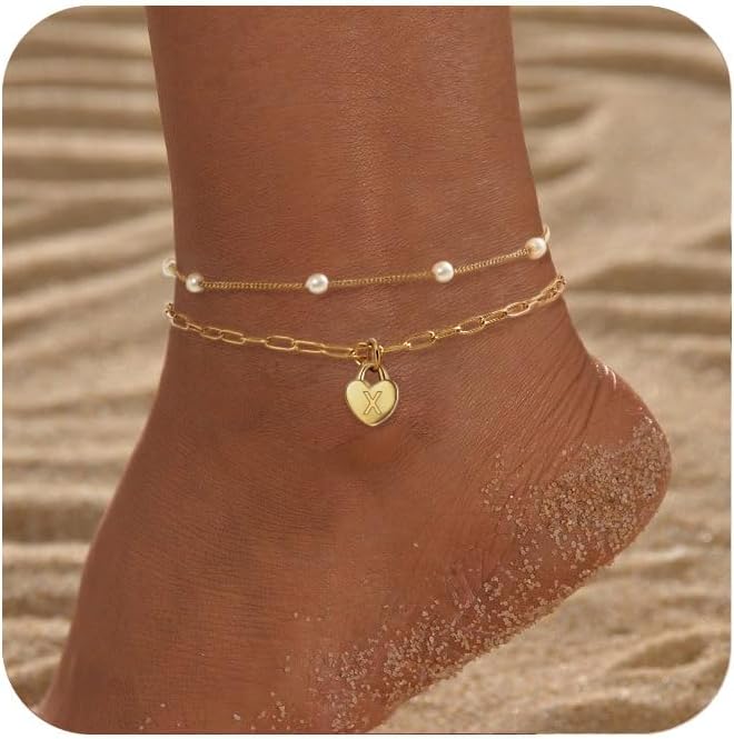 Ankle Bracelets for Women Waterproof 14K Gold Plated A-Z Initial Anklet Dainty Letter Heart Layered Pearl Anklet Adjustable Holiday Summer Beach Jewelry Birthday Gifts for Her