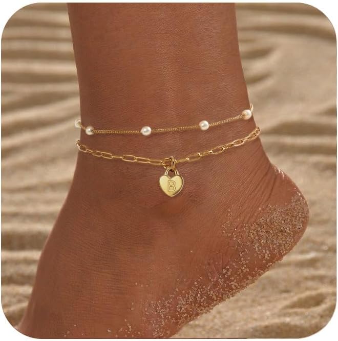 Ankle Bracelets for Women Waterproof 14K Gold Plated A-Z Initial Anklet Dainty Letter Heart Layered Pearl Anklet Adjustable Holiday Summer Beach Jewelry Birthday Gifts for Her