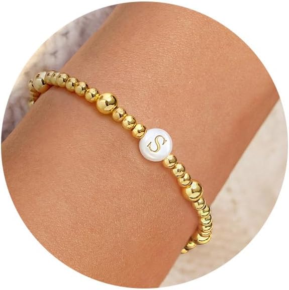 Gold Beaded Bracelets for Women Teen Girl Gifts 14K Gold Plated Initial Bracelet Letter A-Z Bead Gold Ball Bracelet Mothers Day Gifts Birthday Anniversary Friendship Jewelry Gift for Her