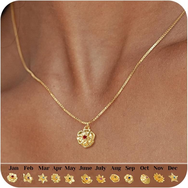 Dainty Gold Birth Flower Necklace for Women Birthstone Necklace for Women Teen Girl Gifts Trendy Stuff 14k Plated Choker Pendant Birthday Gifts for Her Sister Girlfriend Wife Mom Daughter Jewelry