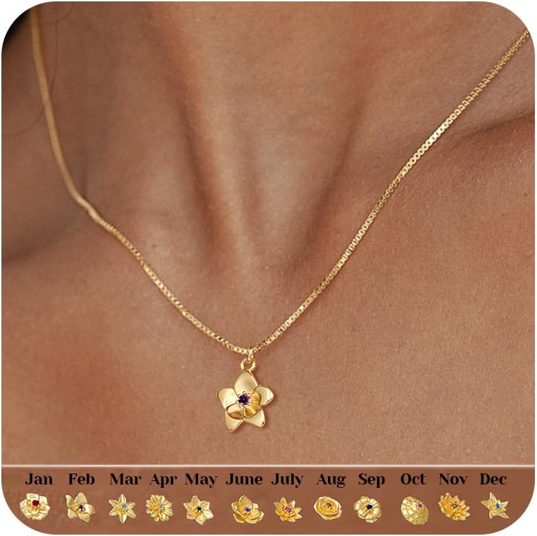 Dainty Gold Birth Flower Necklace for Women Birthstone Necklace for Women Teen Girl Gifts Trendy Stuff 14k Plated Choker Pendant Birthday Gifts for Her Sister Girlfriend Wife Mom Daughter Jewelry