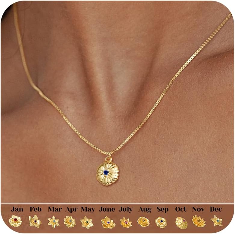 Dainty Gold Birth Flower Necklace for Women Birthstone Necklace for Women Teen Girl Gifts Trendy Stuff 14k Plated Choker Pendant Birthday Gifts for Her Sister Girlfriend Wife Mom Daughter Jewelry