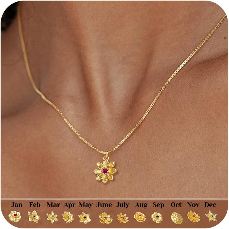 Dainty Gold Birth Flower Necklace for Women Birthstone Necklace for Women Teen Girl Gifts Trendy Stuff 14k Plated Choker Pendant Birthday Gifts for Her Sister Girlfriend Wife Mom Daughter Jewelry