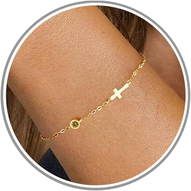 Cross Bracelet with Birthstone, Dainty Gold Birthstone Bracelets for Women Birthday Gifts Christian Gifts for Her Religious Faith Baptism Confirmation Gifts for Teen Girls Christmas Jewelry for Sister Daughter Granddaughter Girlfriend