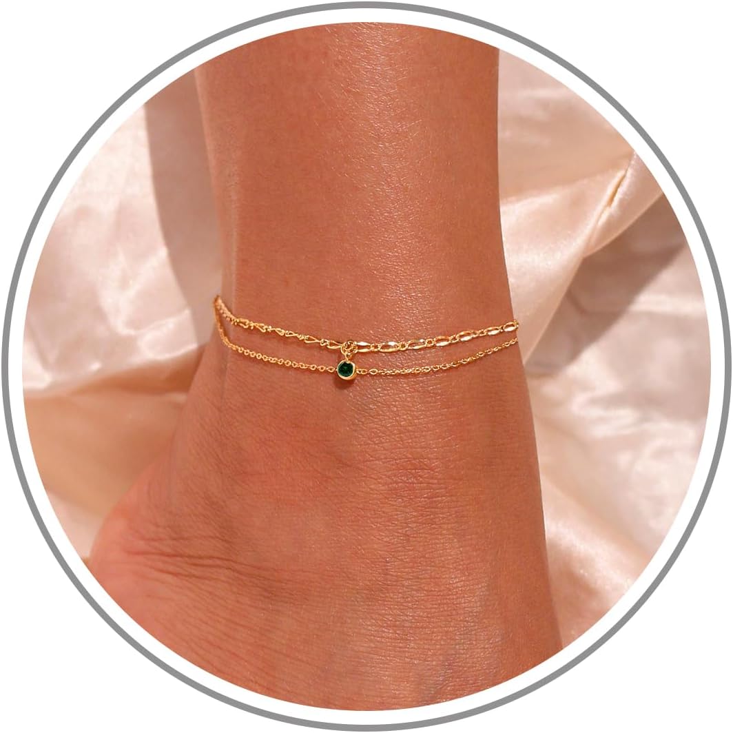 Anklet Bracelets for Women, Birthday Gifts for Women Gold Anklets for Women with Birthstone Birthday Gifts for Her 14k Plated Womens Ankle Bracelets Summer Jewelry for Girlfriend Sister Friend Daughter