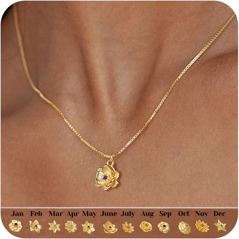 Dainty Gold Birth Flower Necklace for Women Birthstone Necklace for Women Teen Girl Gifts Trendy Stuff 14k Plated Choker Pendant Birthday Gifts for Her Sister Girlfriend Wife Mom Daughter Jewelry