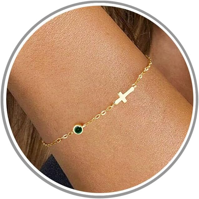 Cross Bracelet with Birthstone, Dainty Gold Birthstone Bracelets for Women Birthday Gifts Christian Gifts for Her Religious Faith Baptism Confirmation Gifts for Teen Girls Christmas Jewelry for Sister Daughter Granddaughter Girlfriend