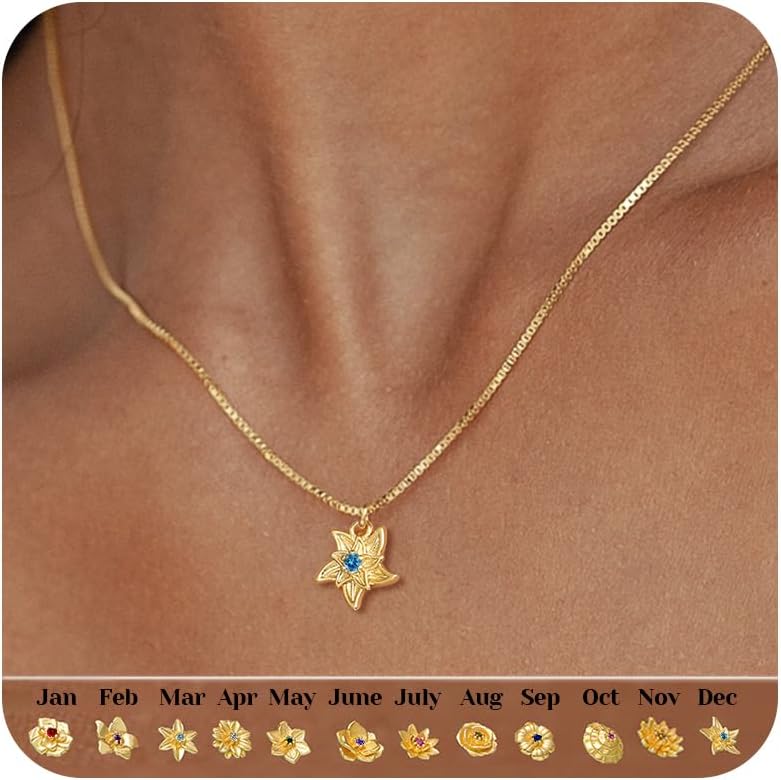 Dainty Gold Birth Flower Necklace for Women Birthstone Necklace for Women Teen Girl Gifts Trendy Stuff 14k Plated Choker Pendant Birthday Gifts for Her Sister Girlfriend Wife Mom Daughter Jewelry