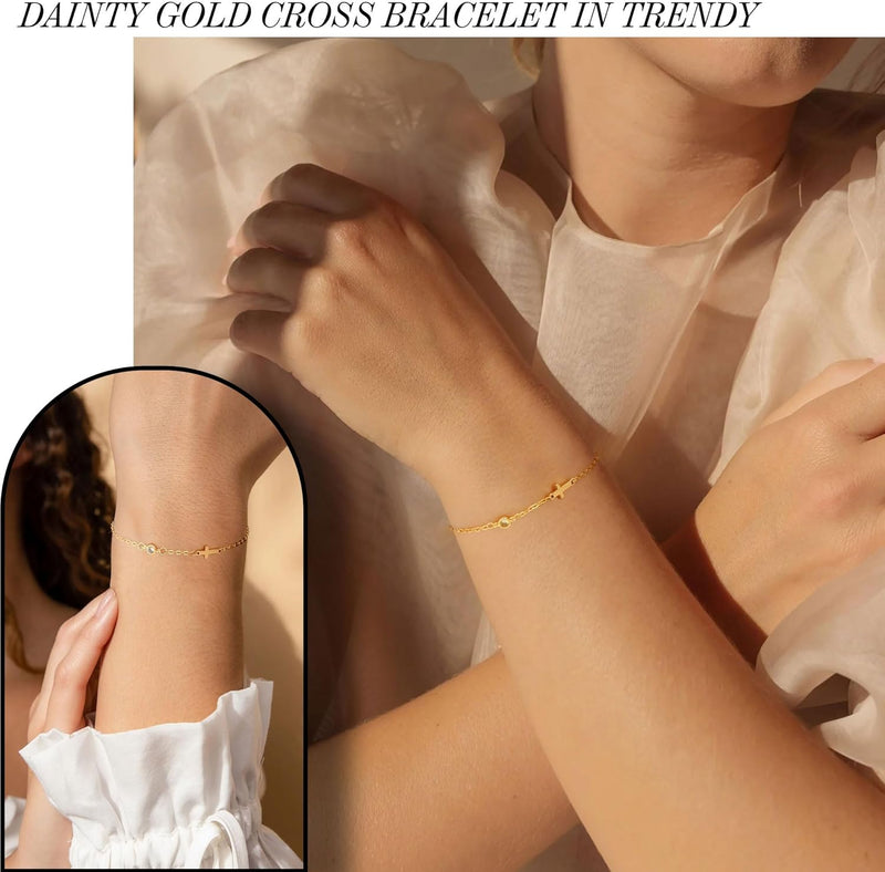 Cross Bracelet with Birthstone, Dainty Gold Birthstone Bracelets for Women Birthday Gifts Christian Gifts for Her Religious Faith Baptism Confirmation Gifts for Teen Girls Christmas Jewelry for Sister Daughter Granddaughter Girlfriend