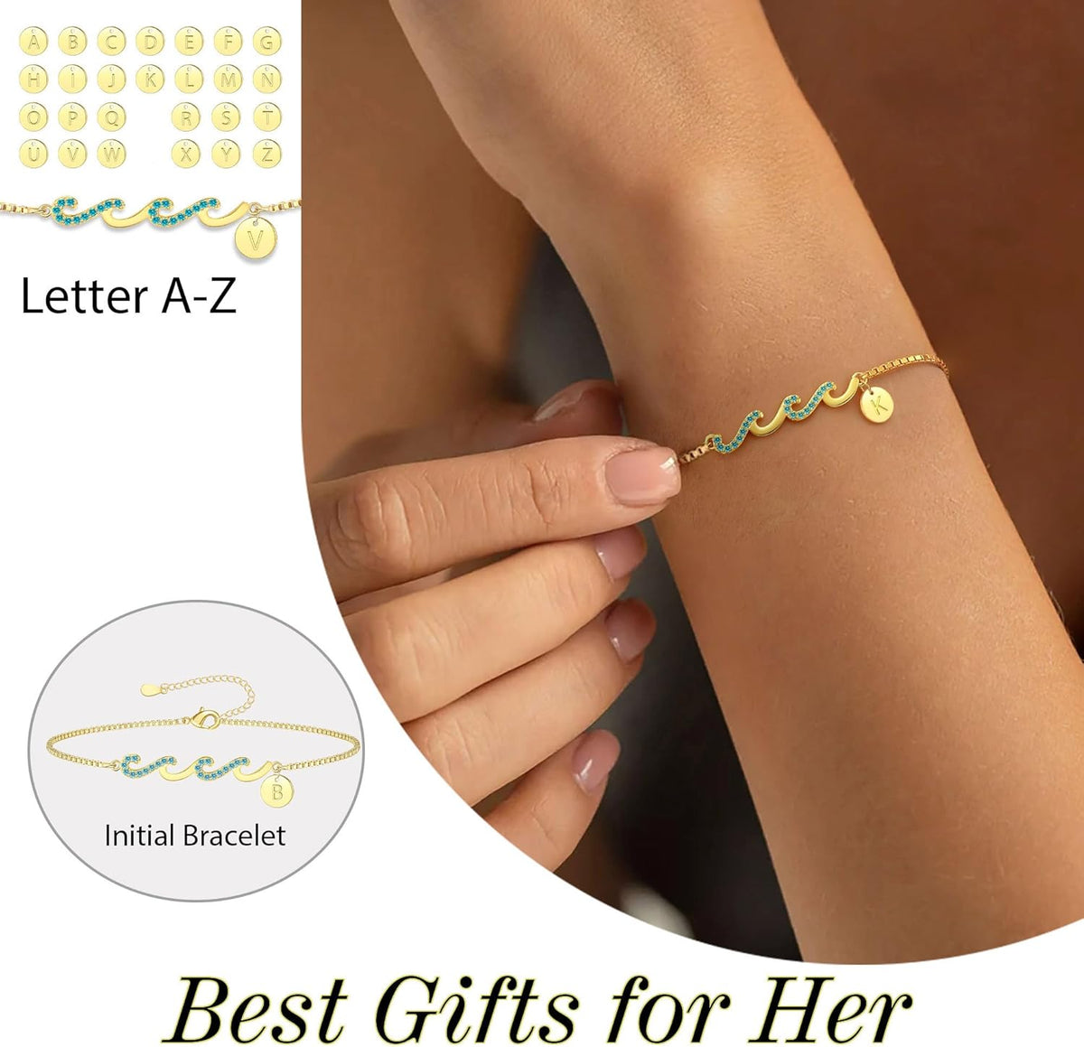 Dainty Gold Bracelet with Initials, Gifts for Women Initial Bracelets for Women Mom Gift Teen Girl Gifts Trendy Stuff Wave Bracelet Grandma Graduation Gifts for Her 2024 Daughter Friend Letter A-Z Birthday Christmas Jewelry