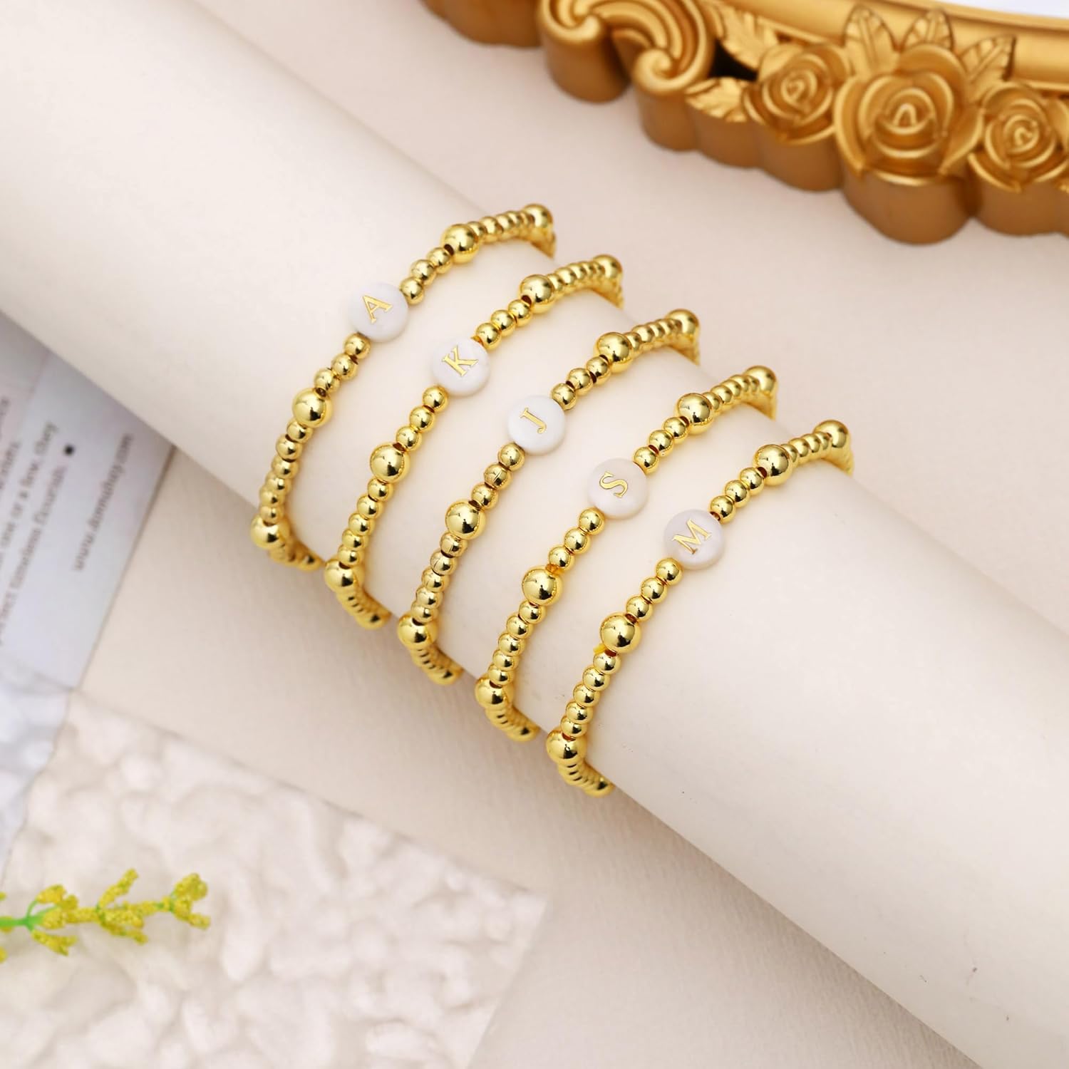 Gold Beaded Bracelets for Women Teen Girl Gifts 14K Gold Plated Initial Bracelet Letter A-Z Bead Gold Ball Bracelet Mothers Day Gifts Birthday Anniversary Friendship Jewelry Gift for Her