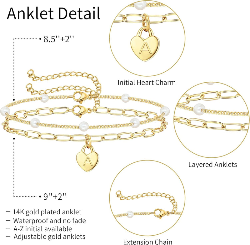 Ankle Bracelets for Women Waterproof 14K Gold Plated A-Z Initial Anklet Dainty Letter Heart Layered Pearl Anklet Adjustable Holiday Summer Beach Jewelry Birthday Gifts for Her