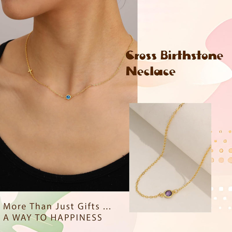 Cross Necklace for Women, Birthstone Necklace Christian Gifts Religious Faith Baptism Confirmation Gifts for Teen Girls Dainty Gold Necklace Birthday Gifts for Sister Wife Daughter Birthstone Jewelry