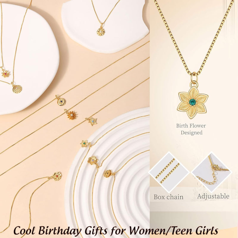 Dainty Gold Birth Flower Necklace for Women Birthstone Necklace for Women Teen Girl Gifts Trendy Stuff 14k Plated Choker Pendant Birthday Gifts for Her Sister Girlfriend Wife Mom Daughter Jewelry