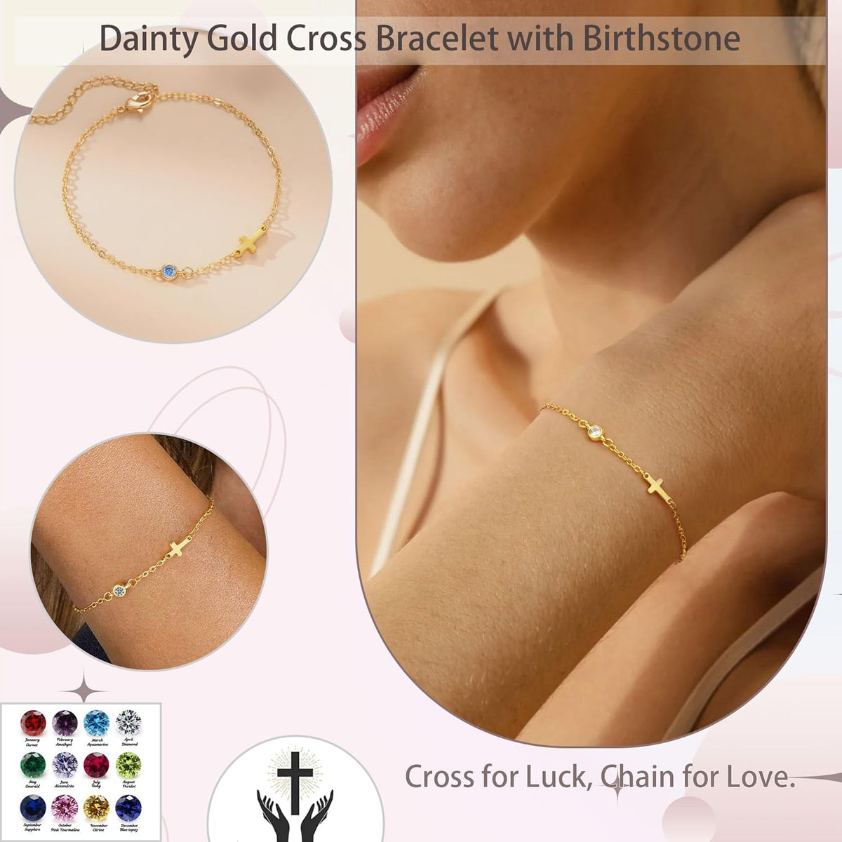 Cross Bracelet with Birthstone, Dainty Gold Birthstone Bracelets for Women Birthday Gifts Christian Gifts for Her Religious Faith Baptism Confirmation Gifts for Teen Girls Christmas Jewelry for Sister Daughter Granddaughter Girlfriend