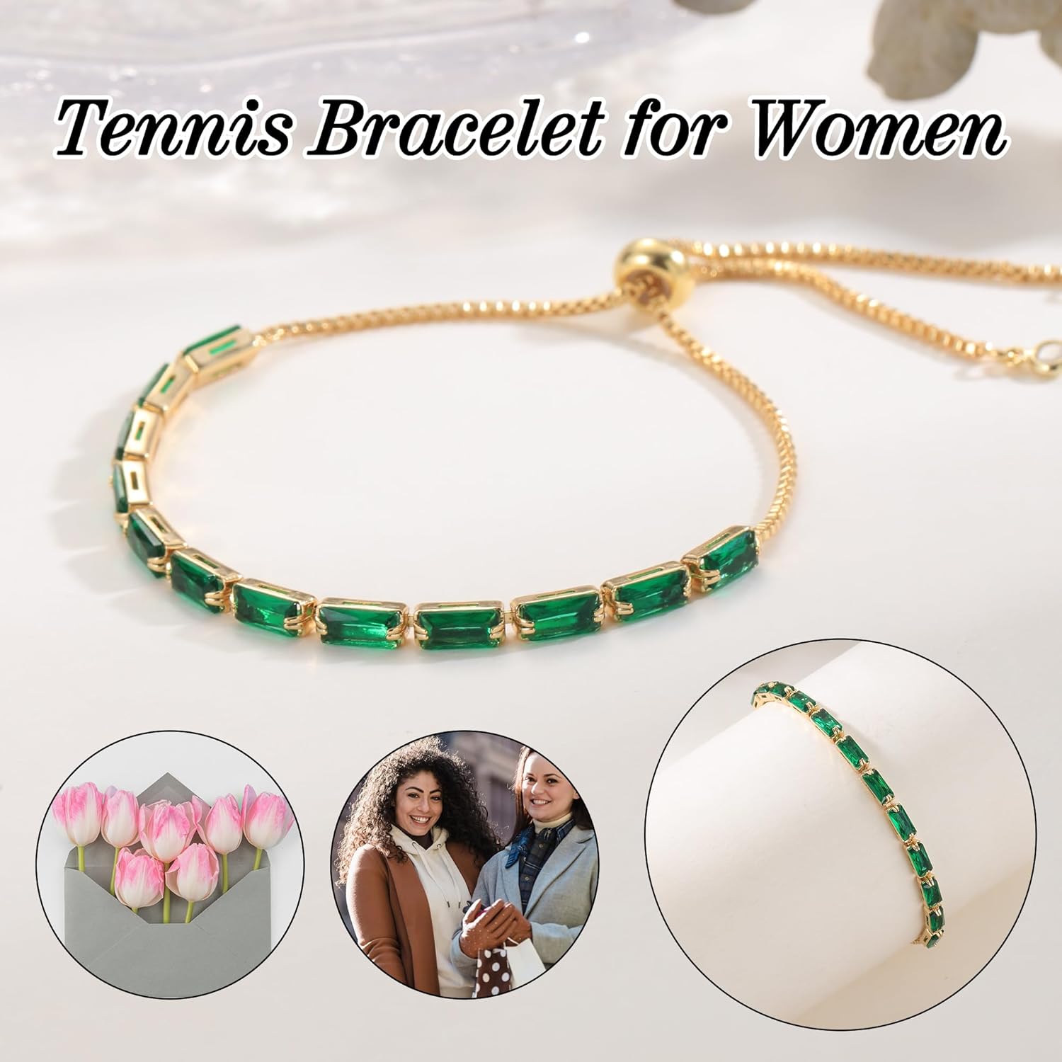 Tennis Bracelet for Women 14K Gold Plated Adjustable Slider Bracelets Cubic Zirconia Bracelet Mothers Day Gifts for Mom Daughter Grandma Birthday Gifts for Her Women Jewelry