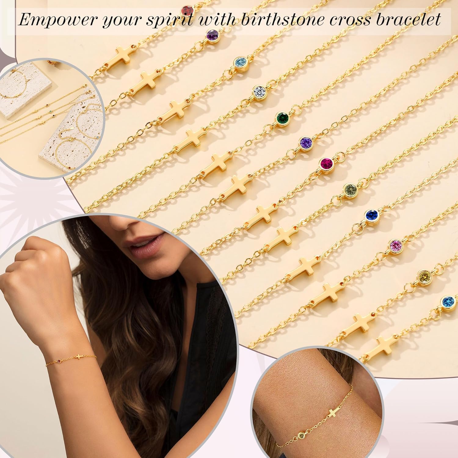 Cross Bracelet with Birthstone, Dainty Gold Birthstone Bracelets for Women Birthday Gifts Christian Gifts for Her Religious Faith Baptism Confirmation Gifts for Teen Girls Christmas Jewelry for Sister Daughter Granddaughter Girlfriend