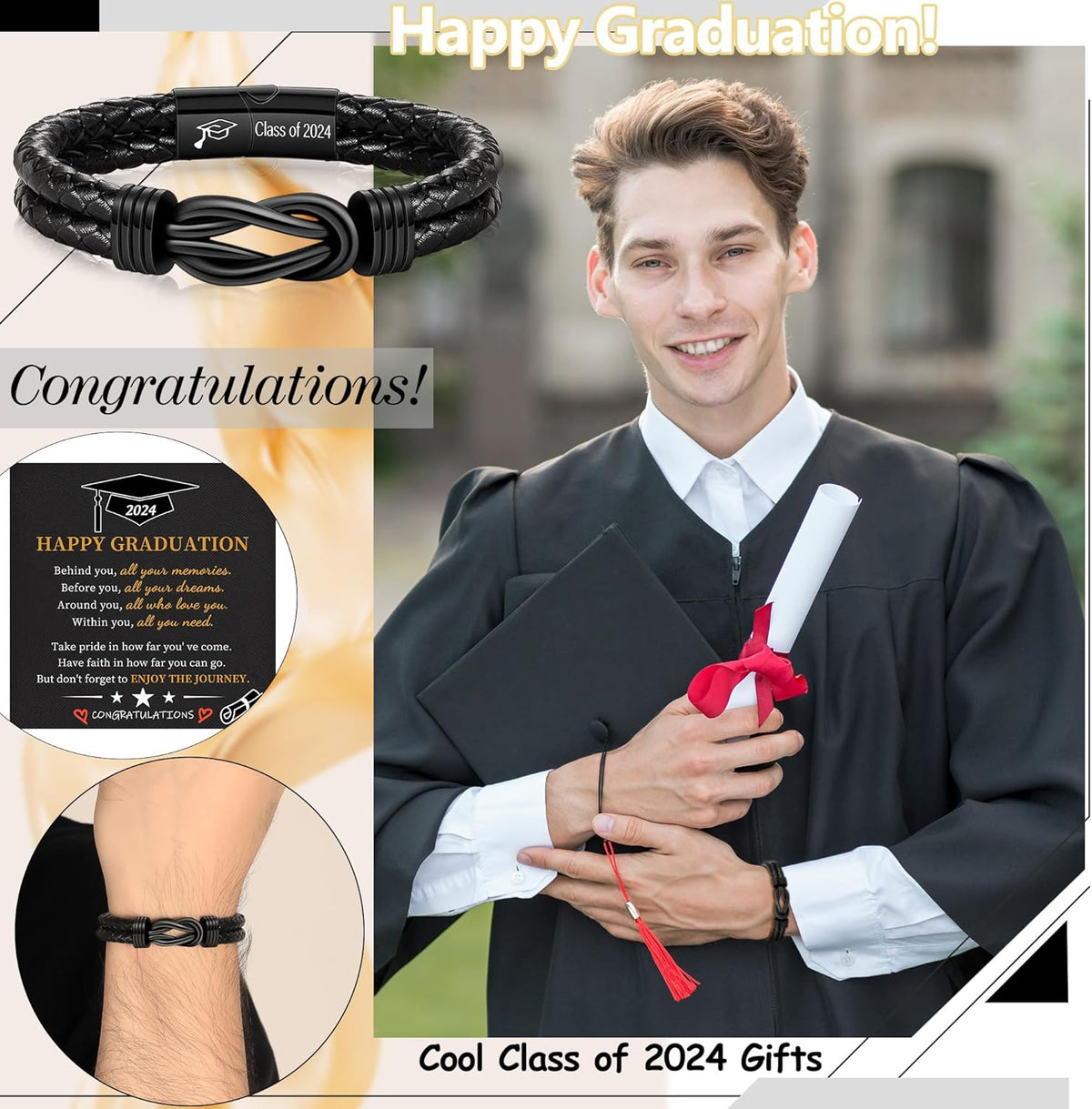Graduation Gifts for Him 2024, Graduation Gifts 2024 High School Class of 2024 Gifts for Teen Boys Leather Bracelet for Men College Middle School 5th 8th Grade Masters Degree Graduation Knot Jewelry for Son Grandson Boyfriend