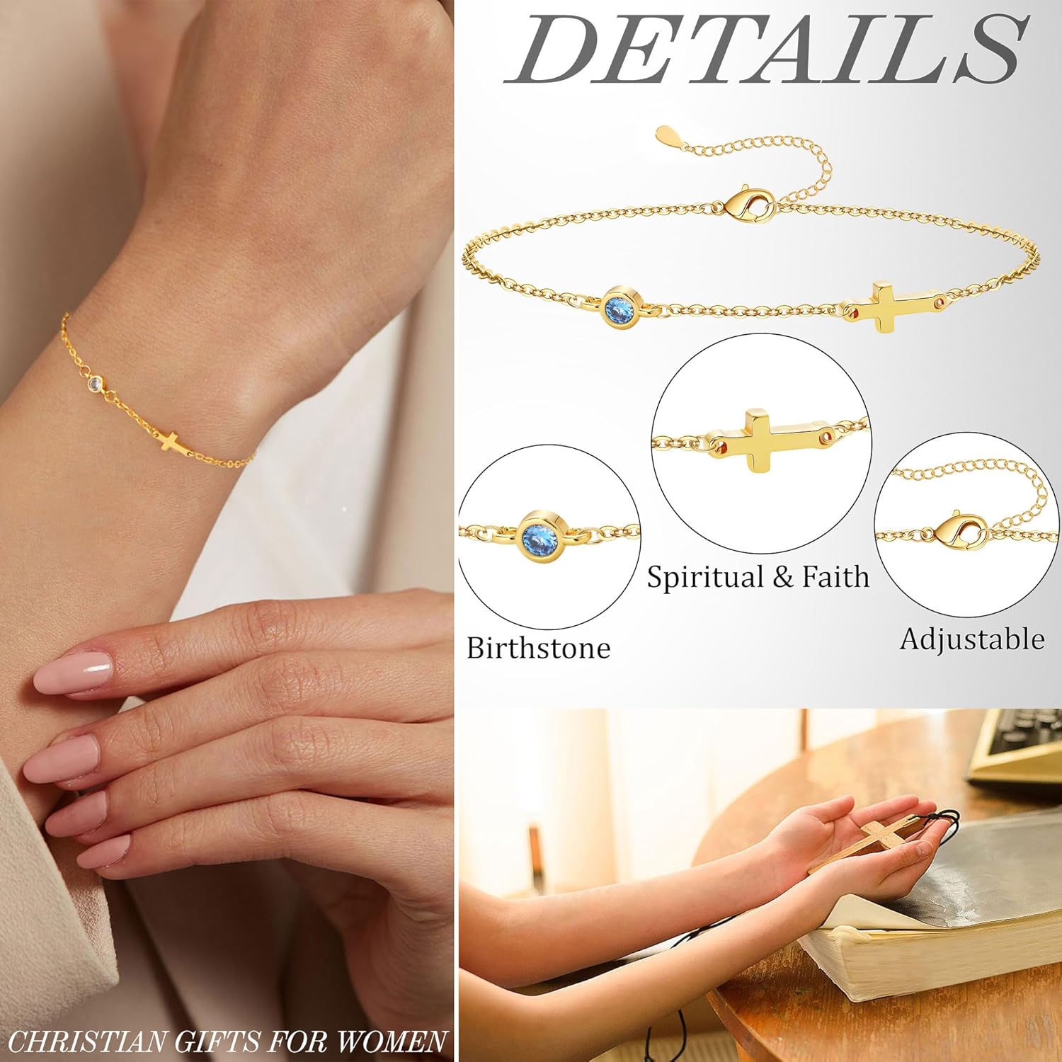 Cross Bracelet with Birthstone, Dainty Gold Birthstone Bracelets for Women Birthday Gifts Christian Gifts for Her Religious Faith Baptism Confirmation Gifts for Teen Girls Christmas Jewelry for Sister Daughter Granddaughter Girlfriend