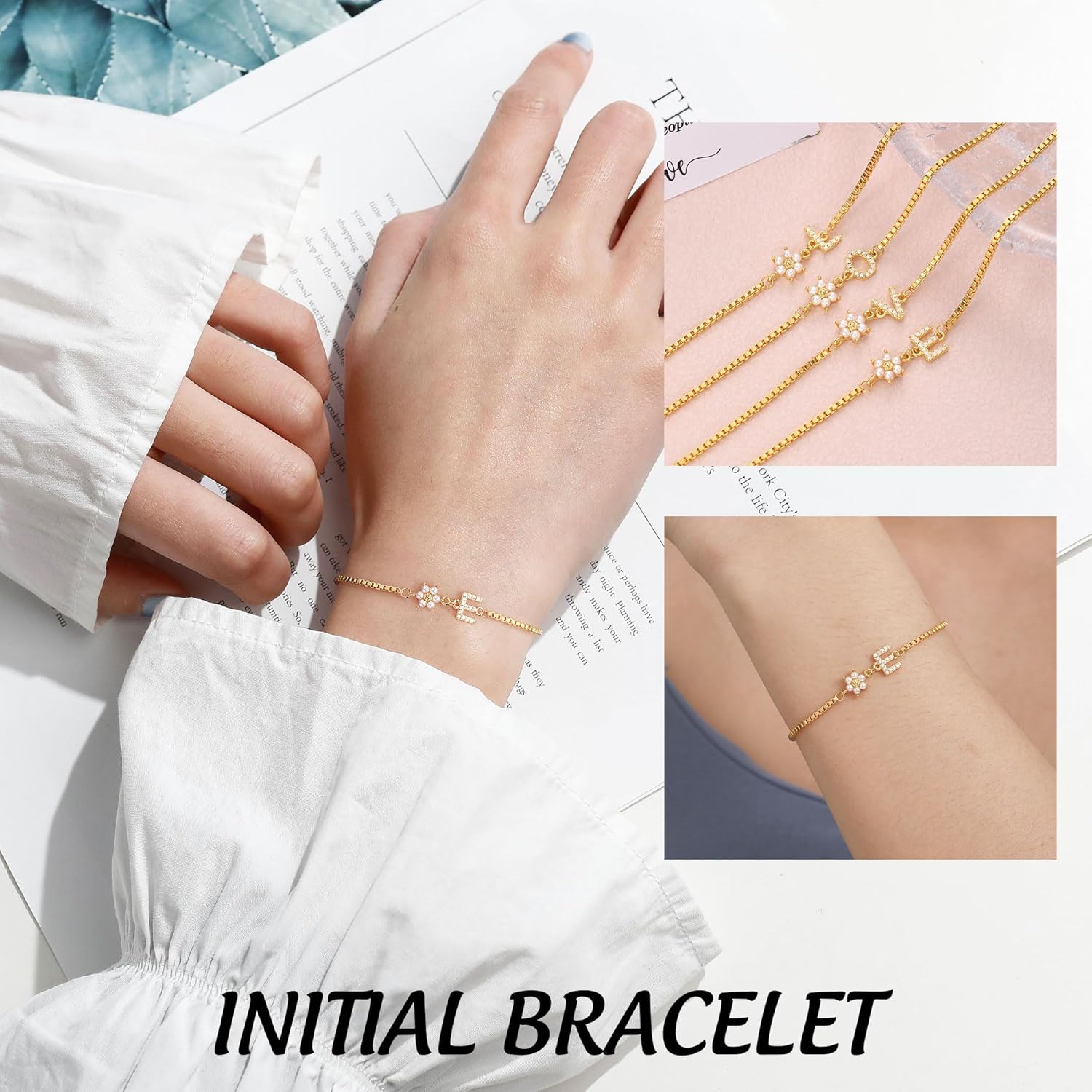 Bridesmaid Gifts for Wedding Day, Flower Girl Gift Initial Bracelets for Women Dainty Gold Bracelet for Women with Pearl Flower Gifts for Teen Girls Initial Bracelet for Bridesmaid