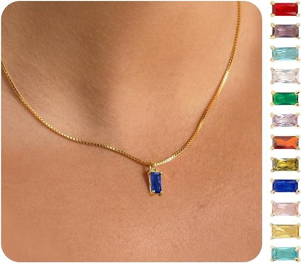 Dainty Necklace 14K Gold 16 inch Box Chain Gemstone Pendant Necklace Birthday Jewelry