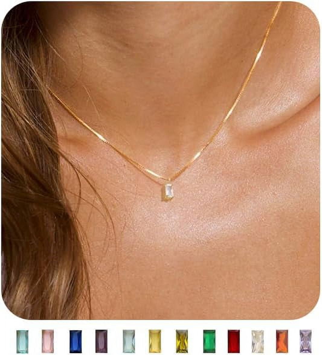 Dainty Necklace 14K Gold 16 inch Box Chain Gemstone Pendant Necklace Birthday Jewelry