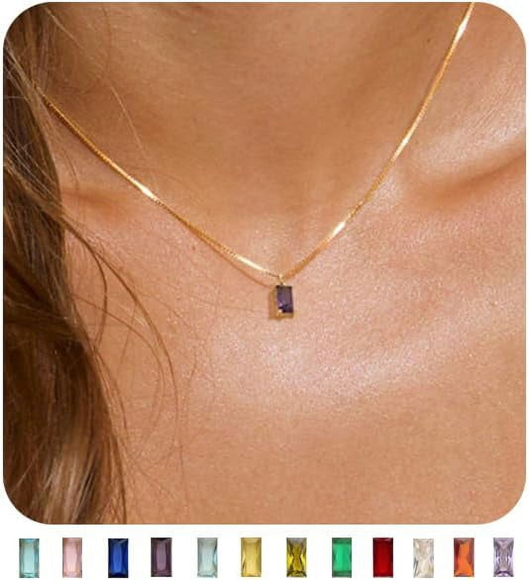 Dainty Necklace 14K Gold 16 inch Box Chain Gemstone Pendant Necklace Birthday Jewelry