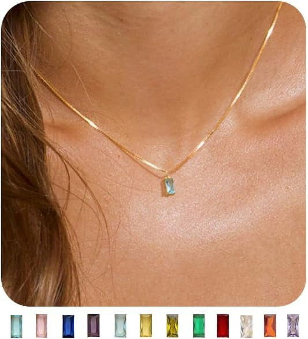 Dainty Necklace 14K Gold 16 inch Box Chain Gemstone Pendant Necklace Birthday Jewelry