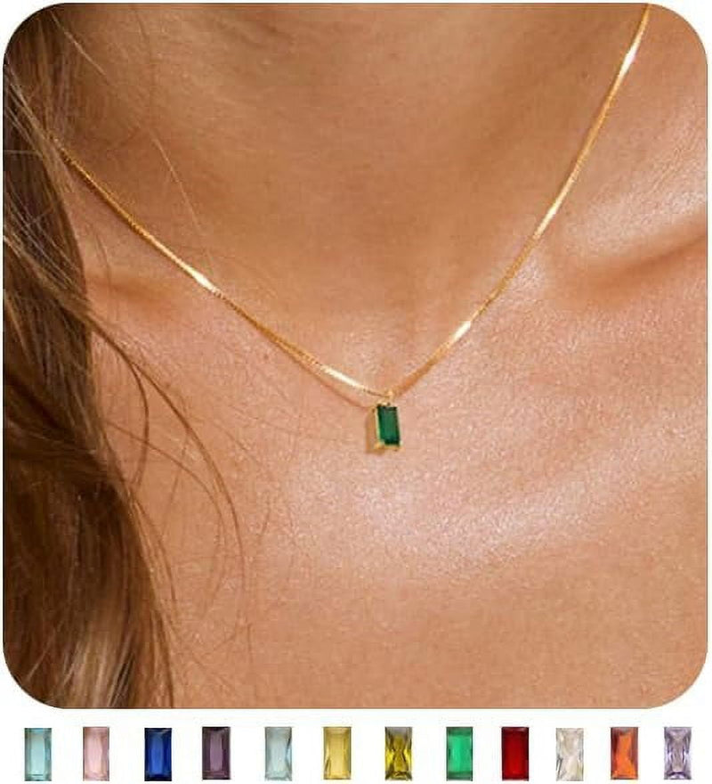 Dainty Necklace 14K Gold 16 inch Box Chain Gemstone Pendant Necklace Birthday Jewelry