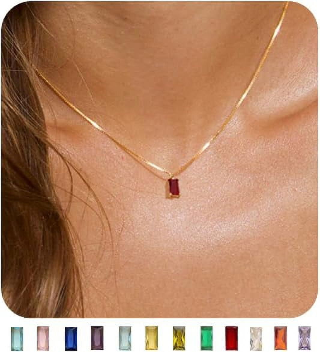 Dainty Necklace 14K Gold 16 inch Box Chain Gemstone Pendant Necklace Birthday Jewelry