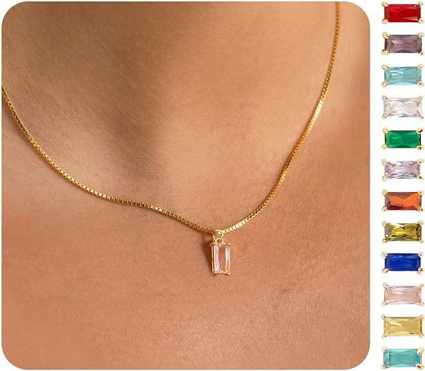 Dainty Necklace 14K Gold 16 inch Box Chain Gemstone Pendant Necklace Birthday Jewelry