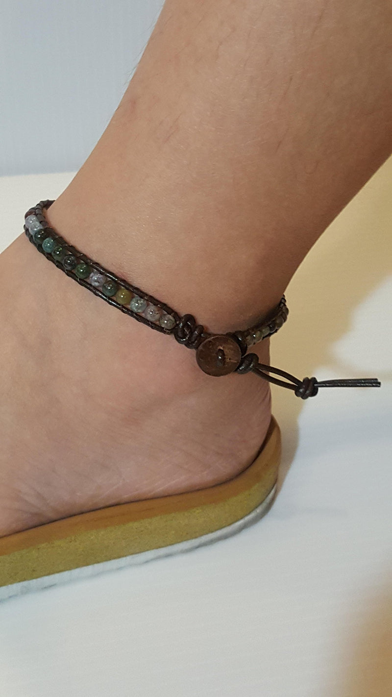Anklet Jasper Stone Ankle Bracelet 10 Inches Woven with Leather Cord Beautiful Handmade Hippie Bohemian Unisex Gift Anklet for Men Anklet for Women and Teenage