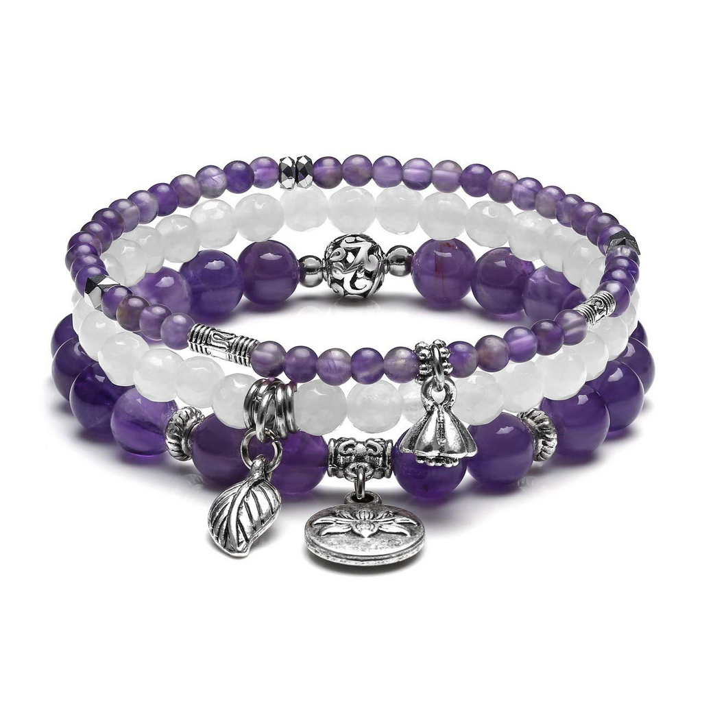 3pcs Amethyst Rose Quartz Crystal Beaded Chakra Bracelets Natural Healing Energy Lotus Charm Beads Stone Reiki Stackable Stretch Bracelets Set for Women