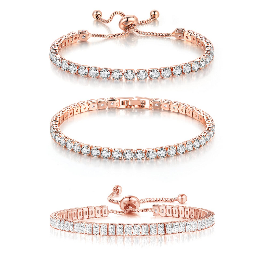 3 Pcs Tennis Bracelets for Women 14K Gold Plated 4mm 5A+ Cubic Zirconia CZ Diamond Classic Adjustable Slider Bracelet Fashion Jewelry Wedding Gift Size 6.5-7.5 Inch