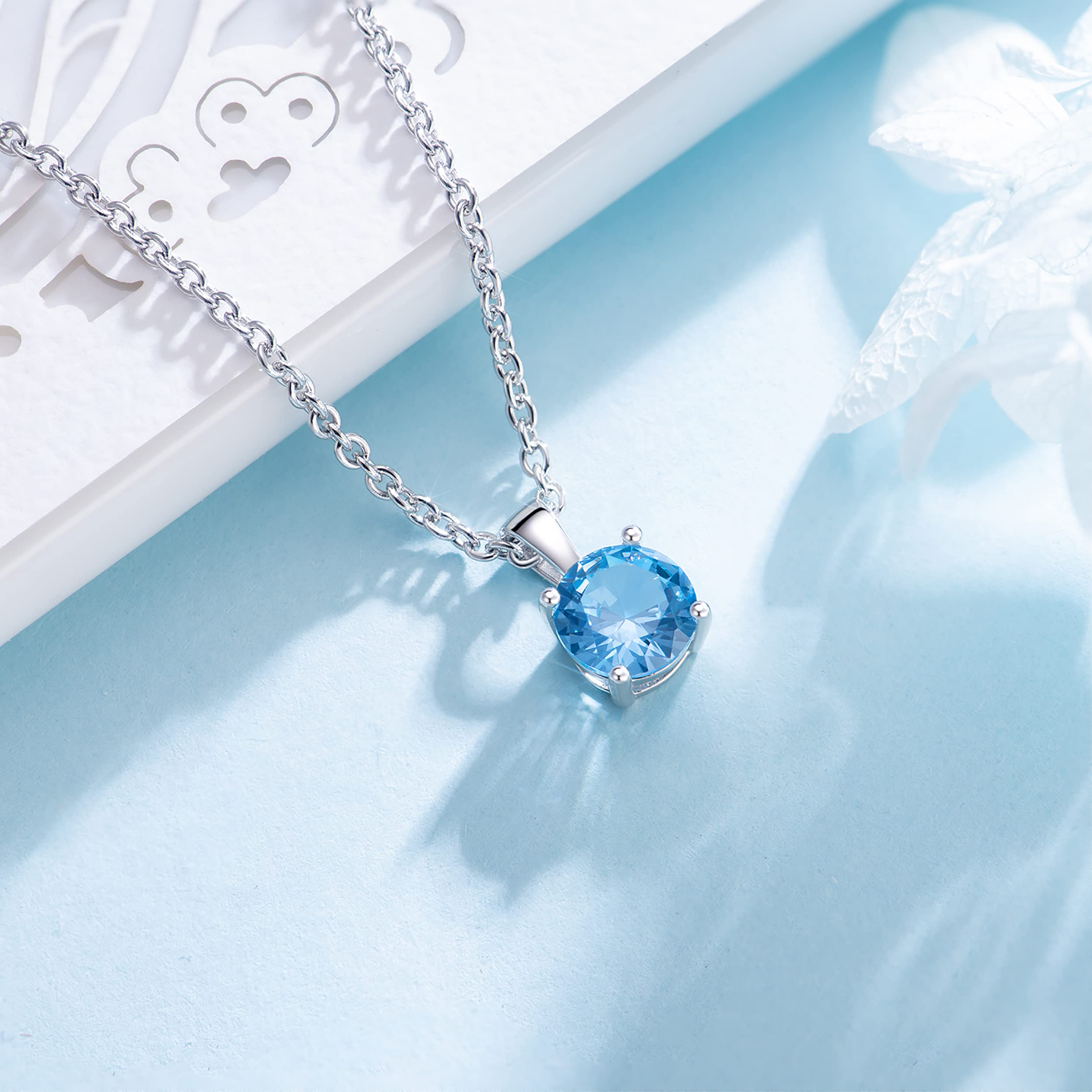 925 Sterling Silver Dainty Necklace with Aquamarine-Topaz-Blue Created-Spinel Pendant, Hypoallergenic Necklace, Everyday Wear Jewelry, Trendy Fashion Stylish Jewelry Birthday Gift for Women and Girls
