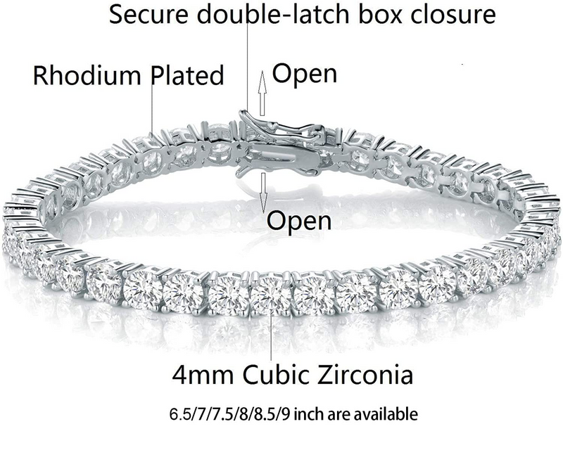 18K White Gold Plated 4.0 Round Cubic Zirconia Classic Tennis Bracelet 6/6.5/7/7.5/8/8.5/9 Inch